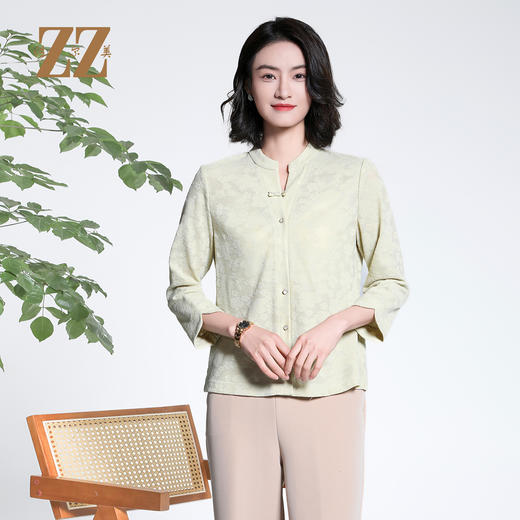 佐尔美中式提花立领盘扣七分袖优雅知性针织工艺衫女M43CC17 商品图0