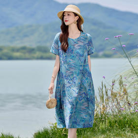 时尚印花圆领棉麻连衣裙，舒适休闲宽松显瘦裙子HR-NYMYZ307