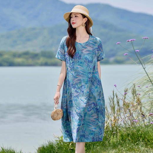 时尚印花圆领棉麻连衣裙，舒适休闲宽松显瘦裙子HR-NYMYZ307 商品图0