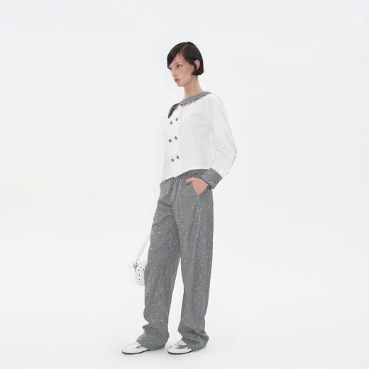 HERLIAN2025年秋季新品女士格纹刺绣斜领露肩长袖衬衫 商品图1