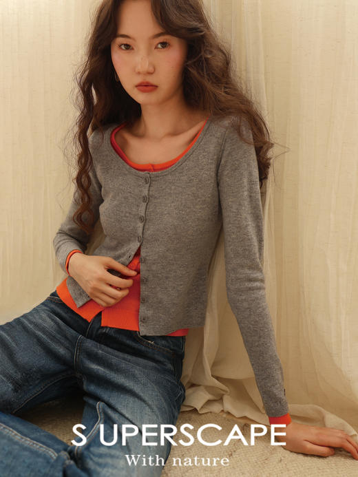 【8/6新品】素舶修身短款大圆领撞色假两件针织开衫 商品图4