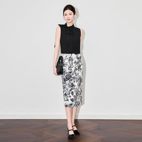 「高货wl」全新升级【铂金会员312/天猫419/差价107】(99341)洛诗琳法式复古蝴蝶结系带领无袖上衣印花半身裙两件套