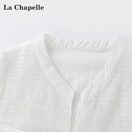 会员福利【莱赛尔天丝】拉夏贝尔/La Chapelle纯色小V领褶皱拼接短袖系带连衣裙夏季2025年新款 商品图3