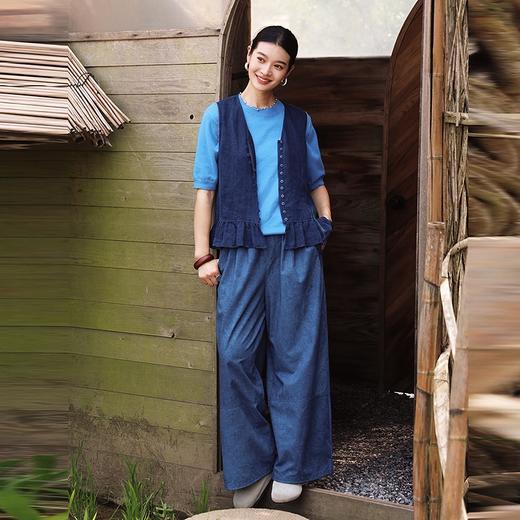 绽放旅行女装483朵/【大山的褶皱】斜纹脏染松紧腰系带长裤休闲裤 商品图2