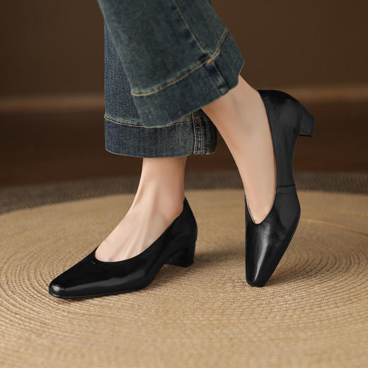 【预售5天】法式气质方头浅口单鞋，通勤百搭高跟鞋真皮粗跟工作鞋LD&7428 商品图2