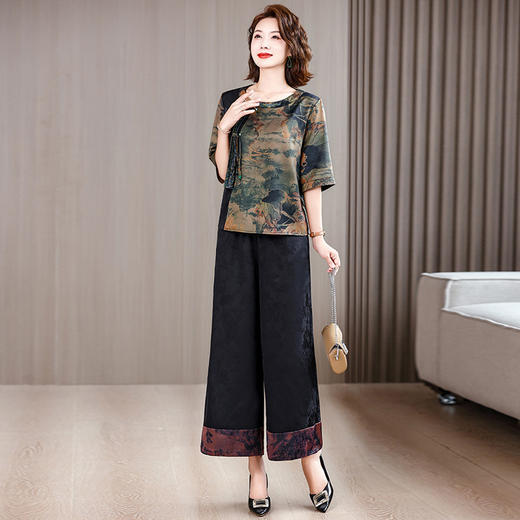 XYG9621 2025夏季新款复古香云纱印花宽松阔腿裤高端洋气妈妈两件套女装 商品图0