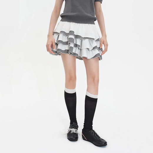 HERLIAN2025年秋季新品女士不规则格纹拼接设计蛋糕裙 商品图0