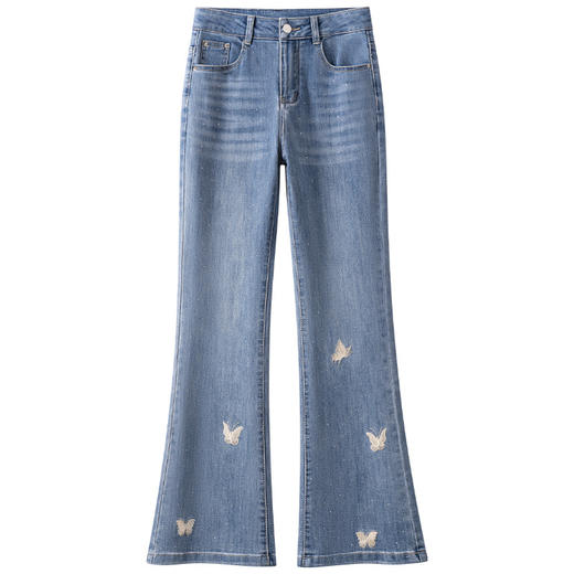 「自」全新升级【铂金会员165/天猫219/差价54】(95551)洛诗琳蝴蝶刺绣烫钻牛仔裤2025夏季高腰弹力修身微喇裤女 商品图4