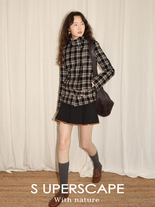 【8/6新品】素舶羊毛薄呢格纹立领修身短款外套 商品图3