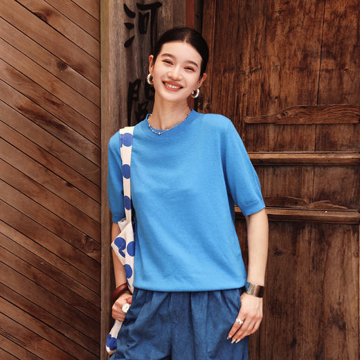 绽放旅行女装525朵/【大山的褶皱】纯羊毛圆领短袖套头毛针织衫女 商品图2