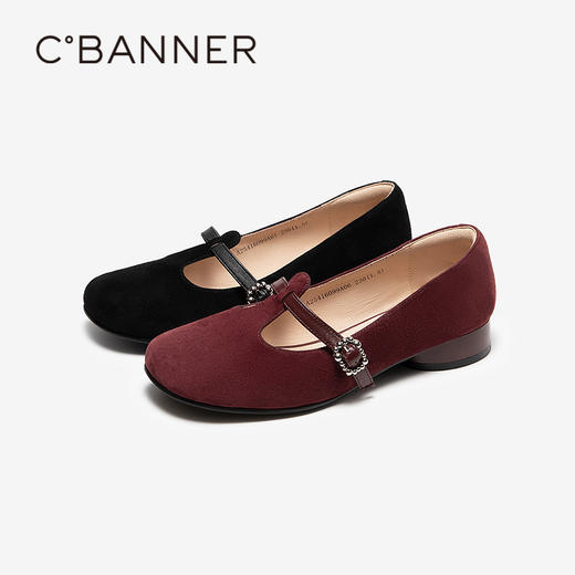 千百度复古T字带玛丽珍鞋女羊皮低跟小香风浅口单鞋A25416099 商品图0