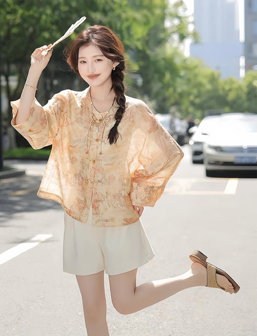 天猫同步【凉感、丝滑】拉夏贝尔/La Chapelle新中式立领印花盘扣长袖衬衫秋季新款★ 商品图9