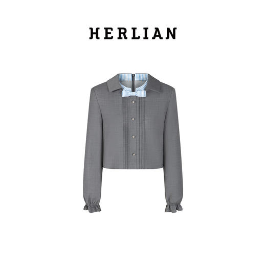 HERLIAN2025年秋季新品女士短外套格纹拼色蝴蝶结装饰娃娃领上衣 商品图4