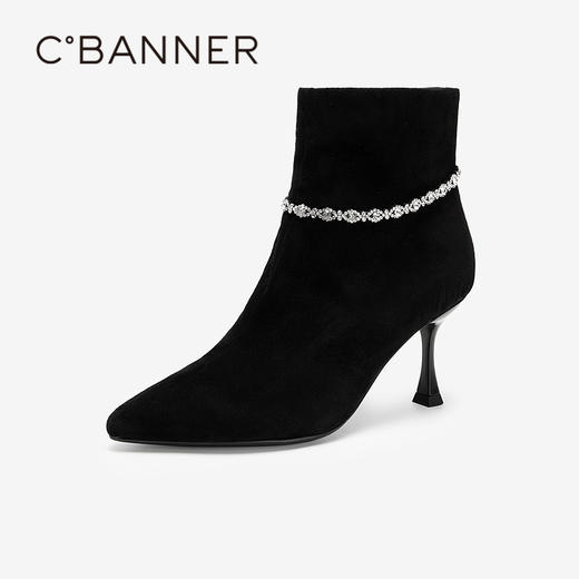 千百度复古羊皮超高跟时装靴女细跟短靴尖头弹力袜靴A25526671 商品图1