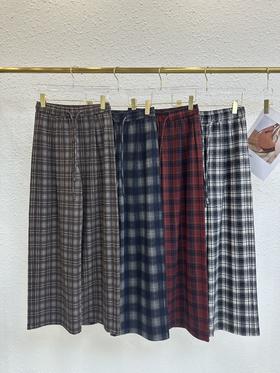 伯妮斯茵 | 复古休闲 格纹阔腿裤 抽绳腰垂感直筒长款 磨毛针织 通勤日常穿搭SZ3L15