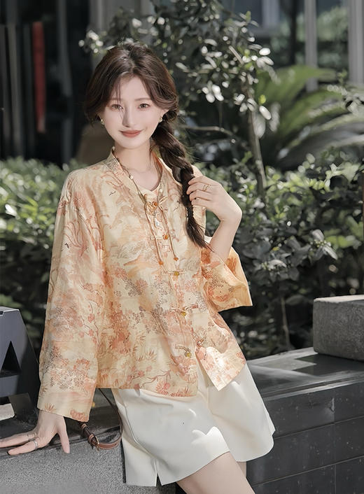 天猫同步【凉感、丝滑】拉夏贝尔/La Chapelle新中式立领印花盘扣长袖衬衫秋季新款★ 商品图7