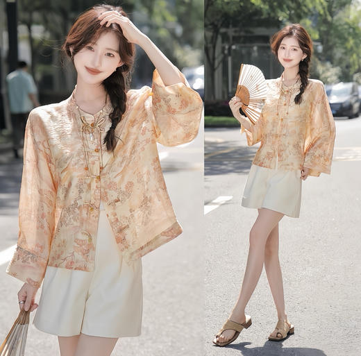 天猫同步【凉感、丝滑】拉夏贝尔/La Chapelle新中式立领印花盘扣长袖衬衫秋季新款★ 商品图10