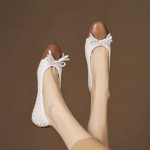 YLYA1302小香风编织拼接蝴蝶结圆头浅口单鞋百搭低粗跟拼色玛丽珍小皮鞋女 商品图1