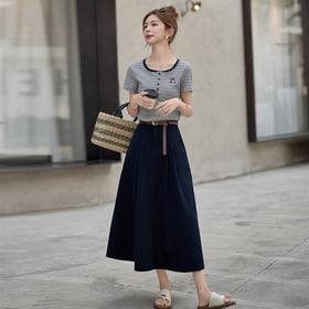 FY2587时尚休闲套装女2025夏季新款超火一整套条纹T恤休闲半身裙两件套