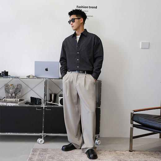徐太浪175g肌理竖条纹长袖衬衫男2025新款秋季大码纯棉休闲衬衣潮 商品图2