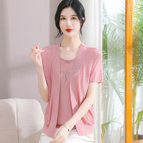 W561-92408-95-168中年妈妈夏装短袖T恤假两件套中老年女针织宽松小衫圆领冰丝上衣