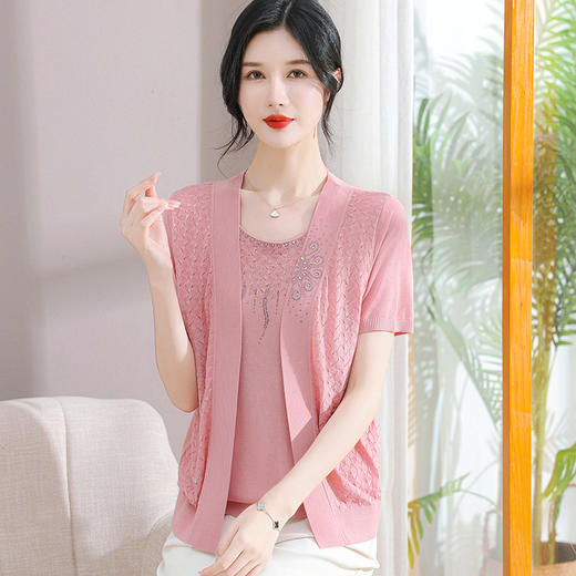 W561-92408-95-168中年妈妈夏装短袖T恤假两件套中老年女针织宽松小衫圆领冰丝上衣 商品图0