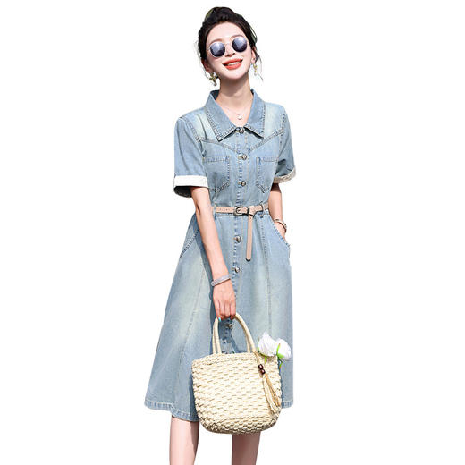 【预售3天】复古牛仔连衣裙夏季新款时尚洋气收腰中长裙配腰带 YF9638 商品图4