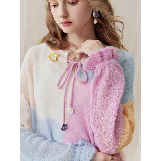 两三事琉璃晨梦2025秋新款甜美手钩花绑带拼色不规则下摆针织衫女 商品图2