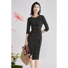 米思阳秋季新款时尚字母印花七分袖连衣裙修身高腰裙子0516