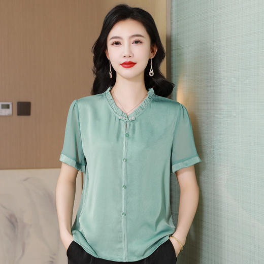 W555-966-75-138中老年人夏新款短袖纱袖花边领新中式套头衬衣上衣纯色妈妈装衬衫 商品图3