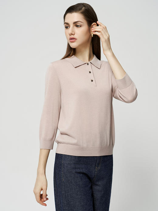 【衬衫领精仿羊毛套衫】25年秋季女士新品100%羊毛衫时尚七分袖薄毛衣 商品图1