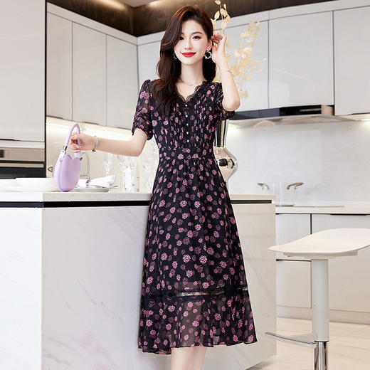 蕾丝拼接碎花连衣裙，气质V领时尚优雅减龄高腰A字裙子HR-SSQJRA650 商品图2