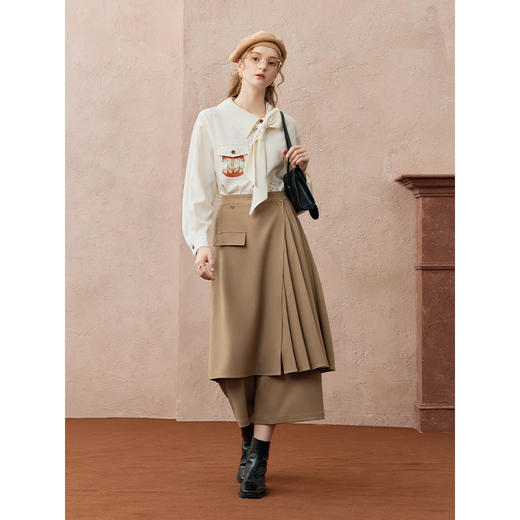 两三事暮廊旋诗2025秋新款时尚压褶布拼接假两件裙裤女阔腿休闲裤 商品图3