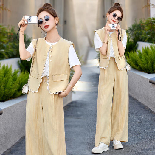 【预售3天】小香风套装2025夏新款老钱风蕾丝亚麻西装马甲阔腿裤穿搭一整套YRX9228 商品图2