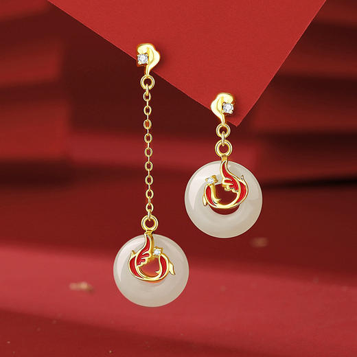 【预售3天】s925纯银平安有鱼耳钉女原创新中式流苏长款平安扣和田玉耳饰E000984X 商品图1