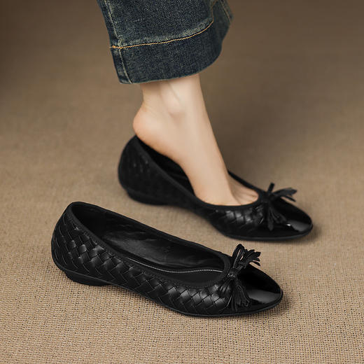 YLYA1302小香风编织拼接蝴蝶结圆头浅口单鞋百搭低粗跟拼色玛丽珍小皮鞋女 商品图3
