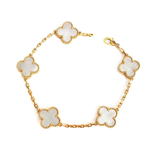 【95新】VCA梵克雅宝Vintage Alhambra系列VCARA41800  18K黄金镶白贝母四叶草白五花手链女士现售价：26300！310725AK10 商品图0