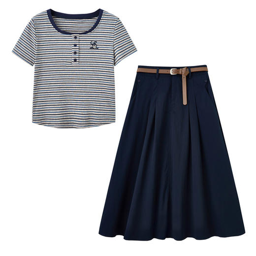FY2587时尚休闲套装女2025夏季新款超火一整套条纹T恤休闲半身裙两件套 商品图4