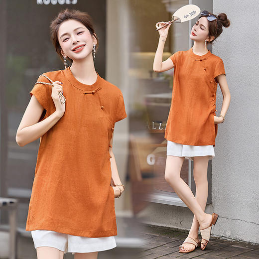 EHJY5089新中式棉麻套装女2025夏新款时尚复古洋气盘扣斜襟上衣短裤两件套 商品图1