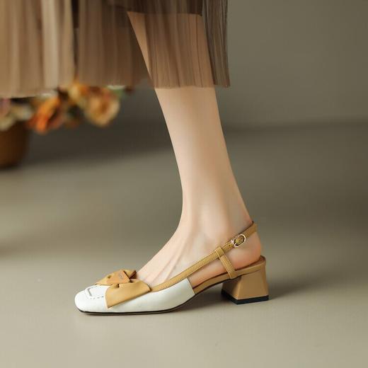 【预售5天】舒适~复古蝴蝶结羊皮包头凉鞋女粗跟夏真皮中跟大码TX&TX390-1 商品图2
