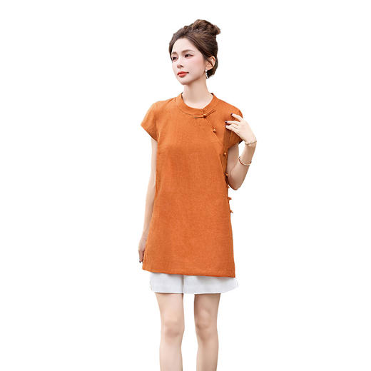 EHJY5089新中式棉麻套装女2025夏新款时尚复古洋气盘扣斜襟上衣短裤两件套 商品图4