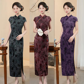 SYK801306老上海复古中国风扎染植绒长款旗袍2025夏新款中老年妈妈大码旗袍