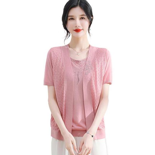 W561-92408-95-168中年妈妈夏装短袖T恤假两件套中老年女针织宽松小衫圆领冰丝上衣 商品图4