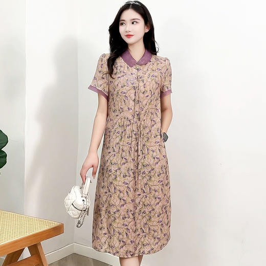 中长款印花雪纺A字裙，修身显瘦娃娃领短袖大码连衣裙QYM-XYKL-8861-L 商品图0