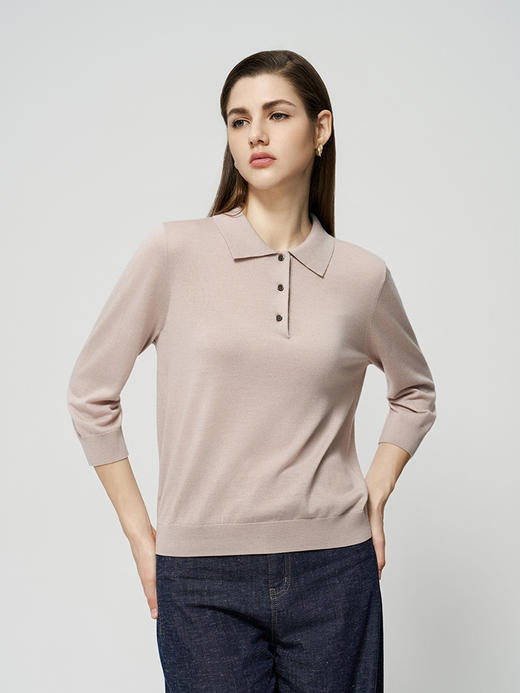 【衬衫领精仿羊毛套衫】25年秋季女士新品100%羊毛衫时尚七分袖薄毛衣 商品图0