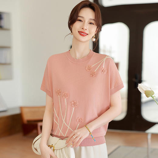 W052-2516-75-138妈妈夏装短袖绣花T恤2025新款洋气中老年女高档冰丝小衫薄款上衣 商品图2