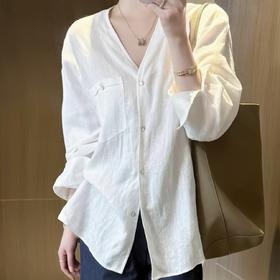 仰姐同款 简约休闲V领棉麻衬衫 面料舒适亲肤透气 法式气质风慵懒松弛随性百搭 卷卷紫