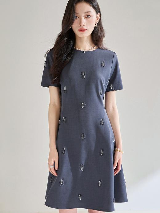 LP钉珠高级感灰色重工刺绣收腰显瘦气质短袖连衣裙 商品图3