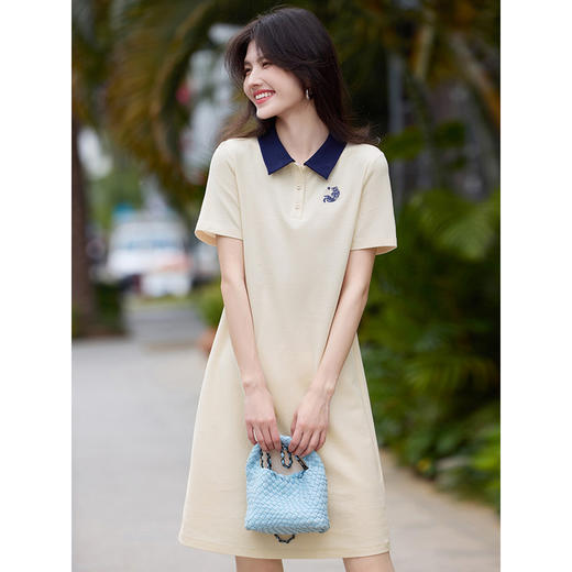 【周末秒杀】熙世界复古撞色文艺POLO裙透气25春夏新款套头中长款直筒连衣裙 商品图3