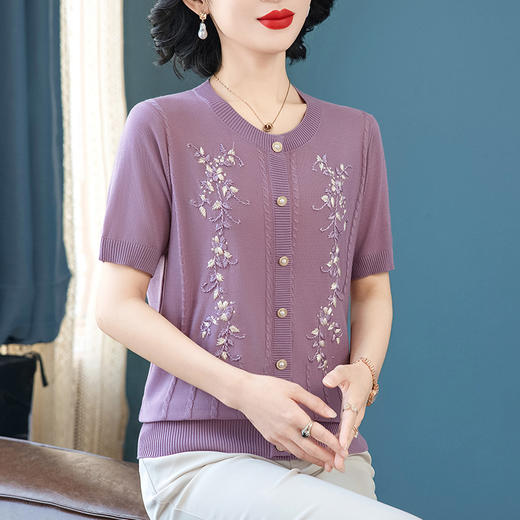 W007-2520-88-138新款2025妈妈夏装针织小衫中老年女装母亲节短袖上衣冰丝洋气t恤 商品图0